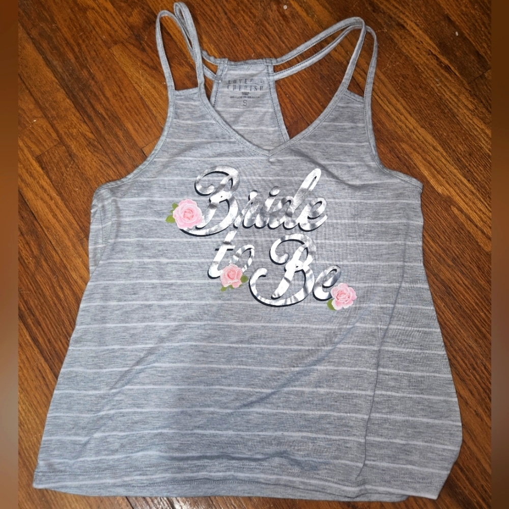 Love & Cherish 'Bride to Be' tank top gray with silver letters & pink flowers S